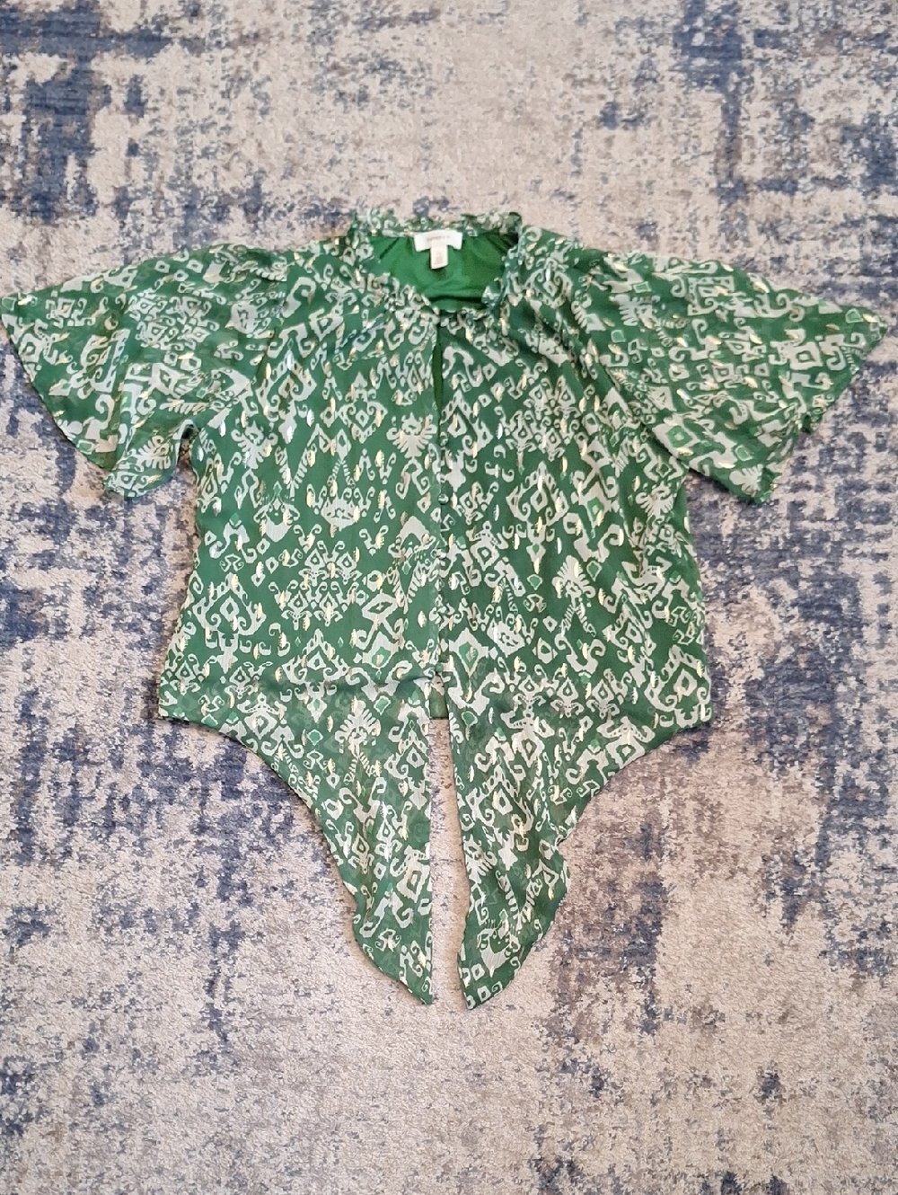 Tamara H Women's Green & White Tie-front Blouse With Flutter Sleeves Size Large
